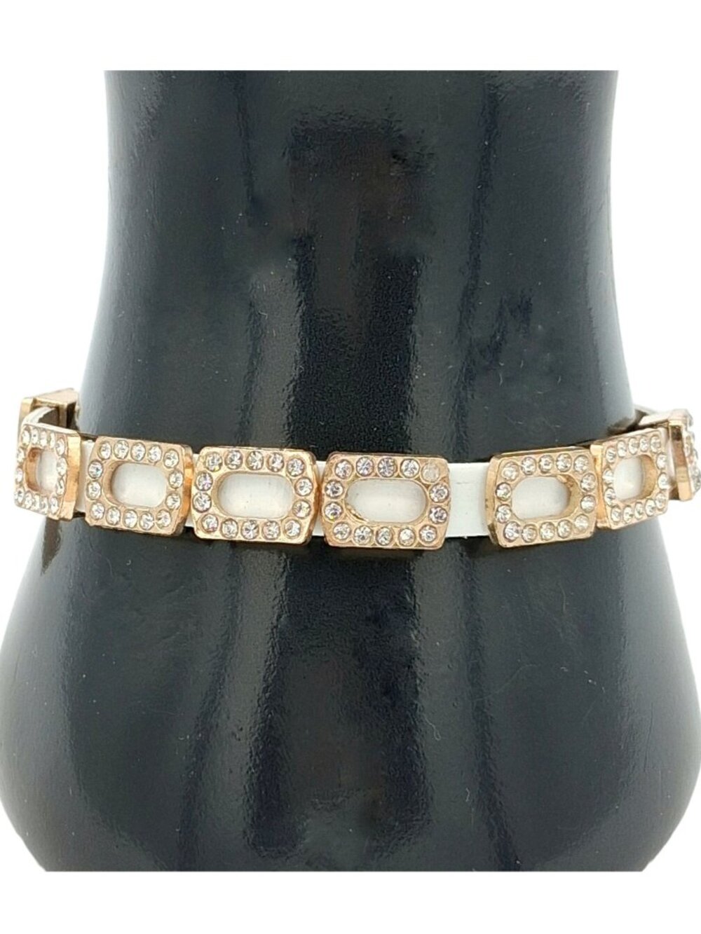 White Vegan Leather Crystal Bracelet Slide Panels Adjustable Buckle 8" - 9.5"